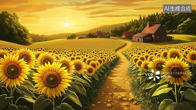 【AI数字艺术】田园风光黄昏日落图片素材
