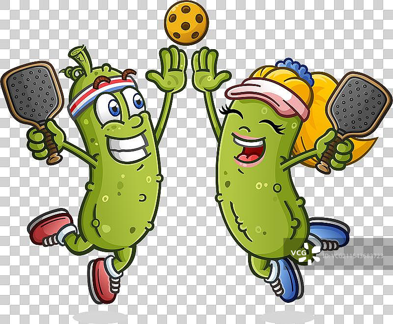 卡通腌黄瓜情侣在打皮克球比赛时击掌庆祝图片素材