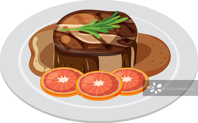 美味的牛排配酱汁和橙子片图片素材