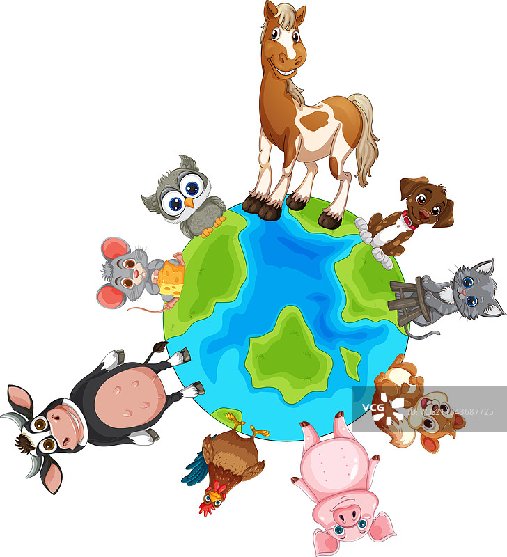 可爱的动物们围绕着卡通地球聚集在一起图片素材