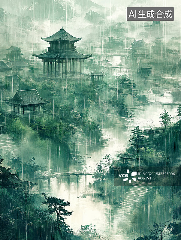 【AI数字艺术】烟雨笼罩下的中式古建筑群，亭台楼阁错落有致，河水潺潺，四周林木葱郁图片素材