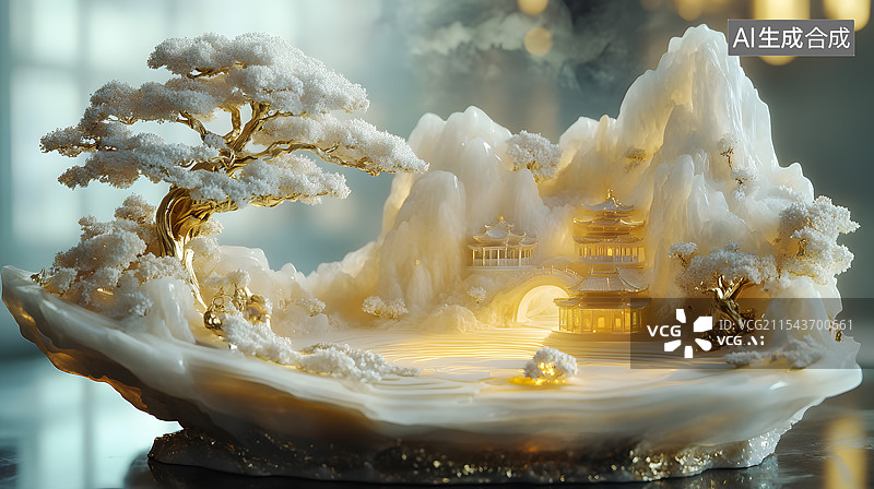 【AI数字艺术】玉雕建筑和松树图片素材