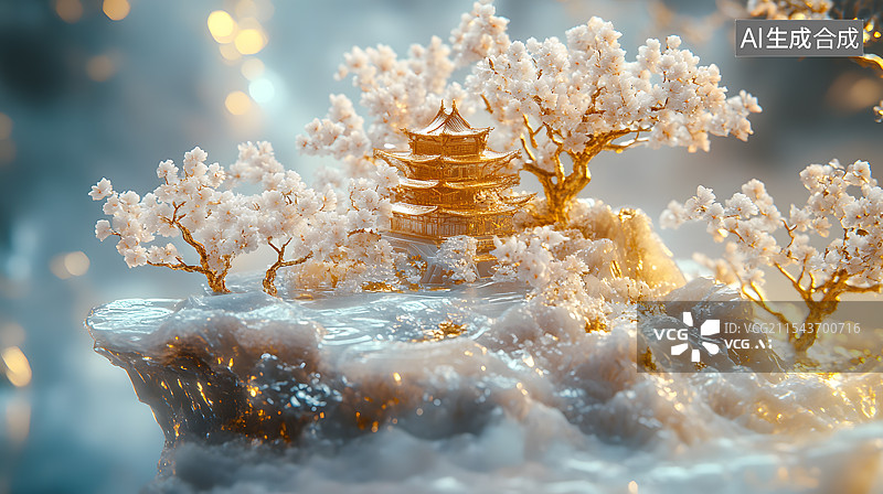 【AI数字艺术】玉雕建筑和树图片素材