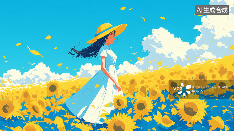 【AI数字艺术】卡通风格的女性身穿连衣裙站在一片向日葵花海中图片素材