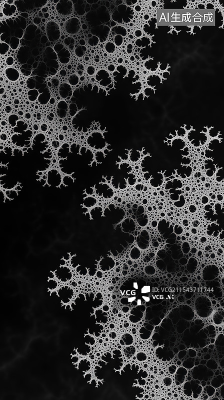 【AI数字艺术】黑背景抽象的丝网状带孔洞的外星植物分形图案3D插画图片素材