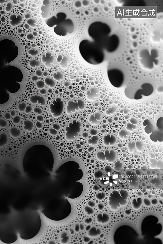 【AI数字艺术】黑背景抽象的丝网状带孔洞的外星植物分形图案3D插画图片素材