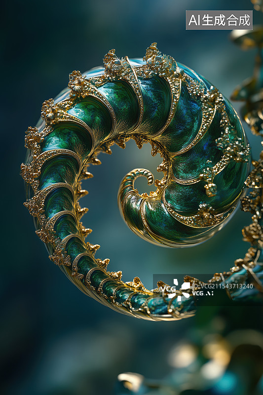 【AI数字艺术】外星抽象金色绿色数学黄金螺旋植物奇幻生物3D插画图片素材