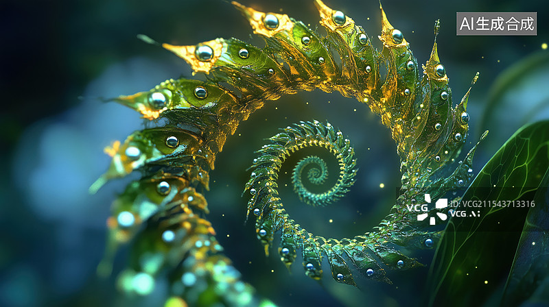 【AI数字艺术】外星抽象金色绿色数学黄金螺旋植物奇幻生物3D插画图片素材