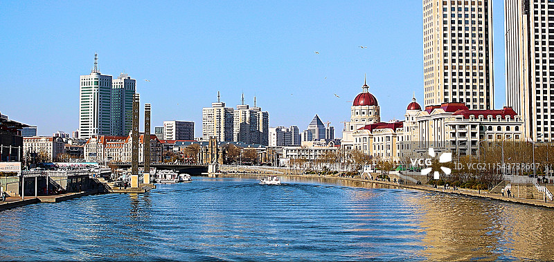 海河上的小船与城市天际线图片素材