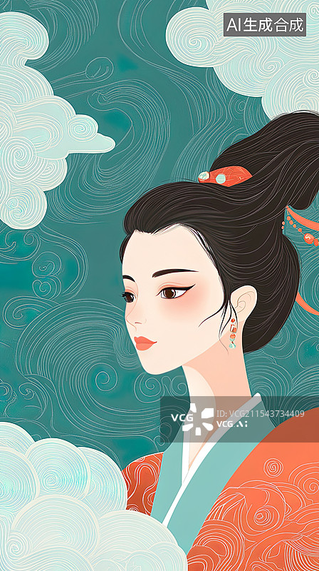 【AI数字艺术】云中的女人头像国风抽象插画图片素材
