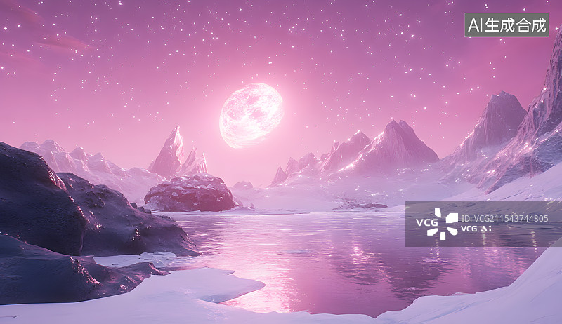 【AI数字艺术】粉色山地水湖面月亮夜空天空外星奇幻科幻浪漫无人场景背景图片素材
