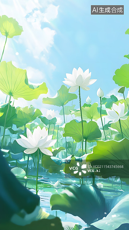 【AI数字艺术】AIGC：夏日池塘里盛开的荷花 大暑节气海报图片素材