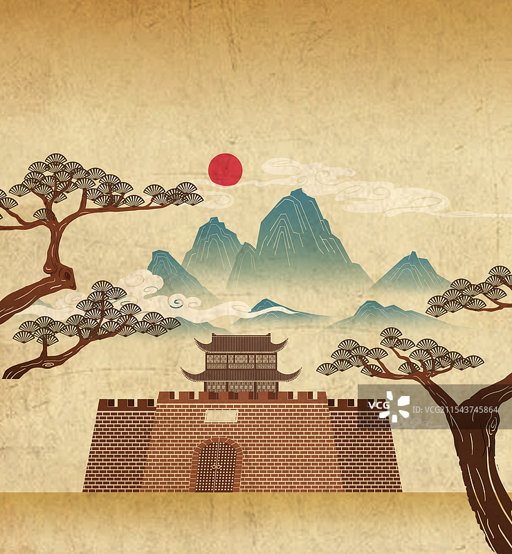 中国风新中式古风古典传统文化复古老照片剪影皮影戏风襄阳古城荆州城墙楼山川地理松树风景插画图片素材