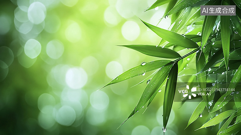 【AI数字艺术】雨滴落在树叶上的特写图片素材