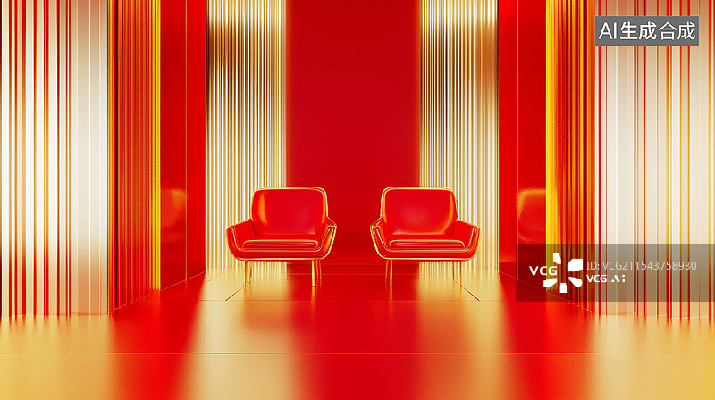 【AI数字艺术】3D两个沙发椅子在空旷大厅金属直播间电商海报高级感春节新年华丽红色金色商务时尚现代采访新中式闪亮背景图片素材