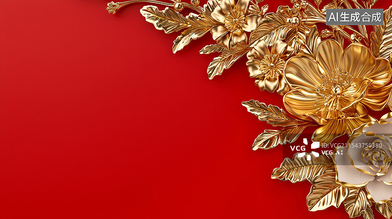 【AI数字艺术】3D花草植物雕刻装饰请柬贺卡高级感喜庆华丽春节新年红色金色吉利国风留白背景图片素材