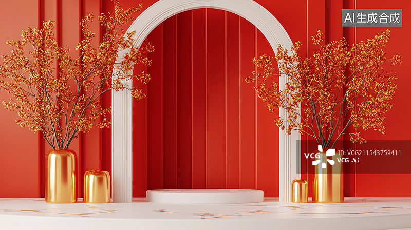 【AI数字艺术】3D金属拱门产品展台电商海报高级感喜庆华丽春节新年红色金色吉利商务时尚国风留白背景图片素材