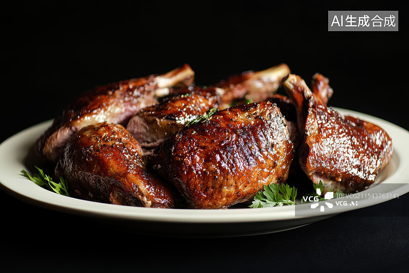 【AI数字艺术】黑色背景下陶瓷盘子里的烧鹅图片素材