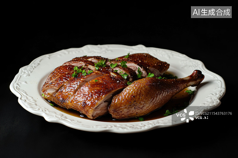 【AI数字艺术】黑色背景下陶瓷盘子里的烧鹅图片素材
