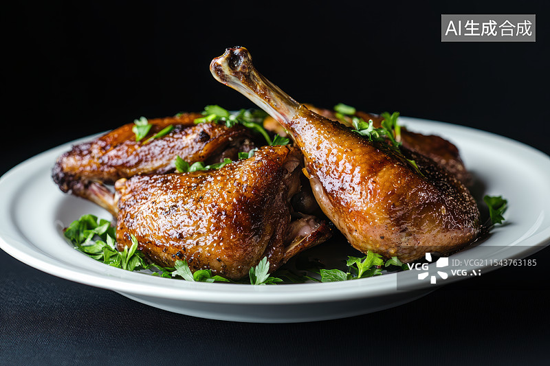 【AI数字艺术】黑色背景下陶瓷盘子里的烧鹅图片素材