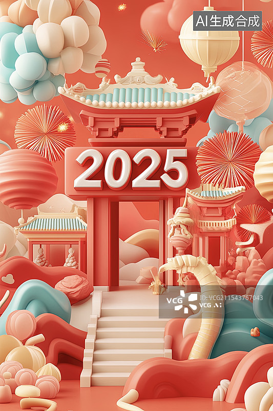 【AI数字艺术】2025年3D国风建筑节日插画背景图片素材