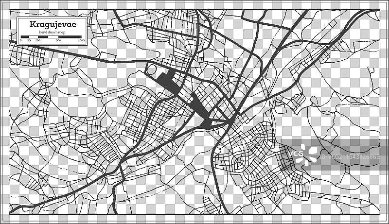 克拉古耶瓦茨，塞尔维亚城市地图（黑白版）图片素材