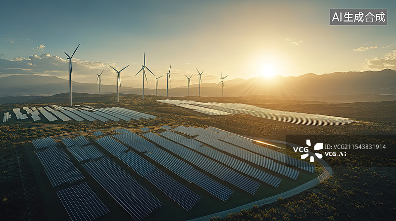 【AI数字艺术】黄昏阳光下的大型风电光伏发电能源基地图片素材