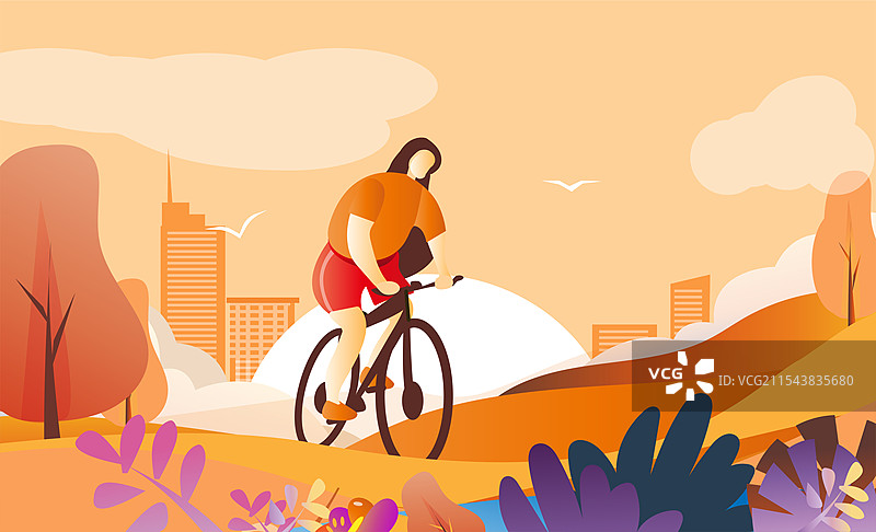 卡通女性独立骑行逃离都市亲近自然海报图片素材