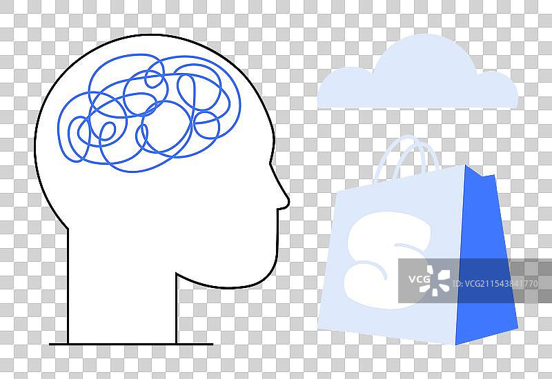 人头与缠绕的线条、云朵和购物元素图片素材