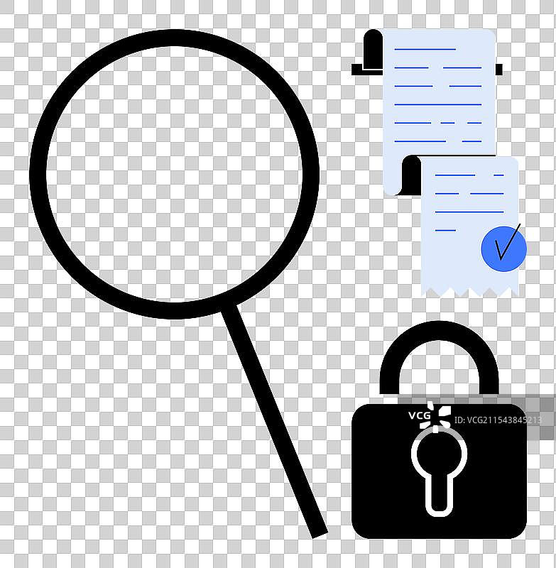 放大镜、文件和锁的象征意义图片素材