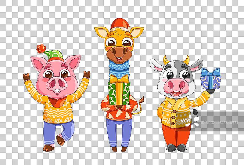 卡通动物：猪、长颈鹿和牛的角色图片素材