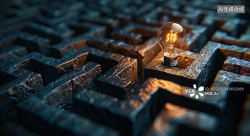 【AI数字艺术】一个发光的灯泡位于迷宫中心复杂问题中的一个想法或解决方案灵感和创新思维图片素材