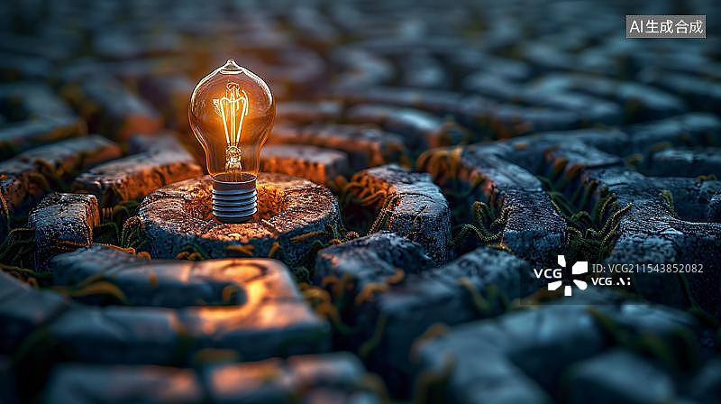 【AI数字艺术】一个发光的灯泡位于迷宫中心复杂问题中的一个想法或解决方案灵感和创新思维图片素材