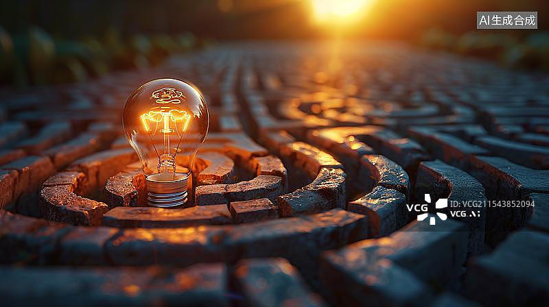 【AI数字艺术】一个发光的灯泡位于迷宫中心复杂问题中的一个想法或解决方案灵感和创新思维图片素材