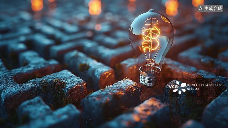【AI数字艺术】一个发光的灯泡位于迷宫中心复杂问题中的一个想法或解决方案灵感和创新思维图片素材
