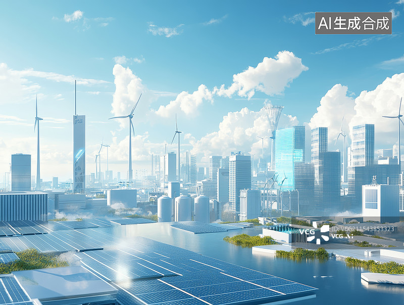 【AI数字艺术】蓝天白云下城市中的太阳能面板和大风图片素材
