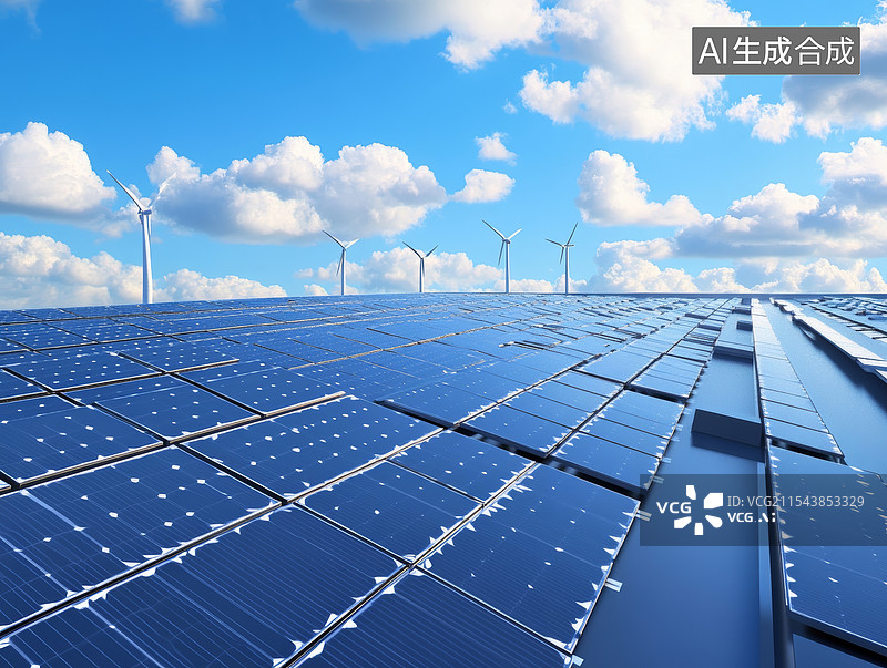 【AI数字艺术】蓝天白云下的太阳能面板和大风车图片素材