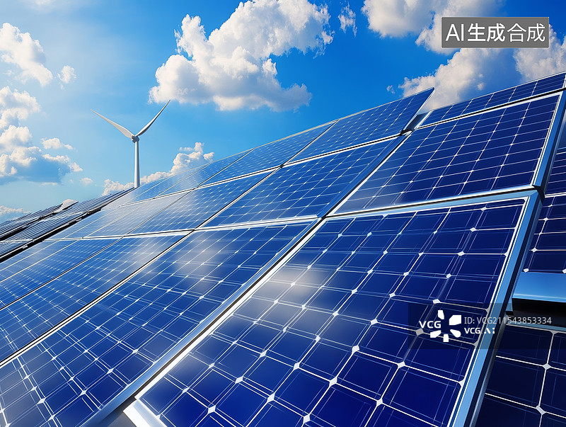 【AI数字艺术】蓝天白云下的太阳能面板和大风车图片素材