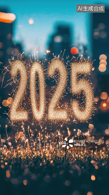 【AI数字艺术】来都市景观与"2025"浪漫烟花秀庆祝新年背景庆典活动和书籍插图模糊城市天际线上的蓝调夜空春节新年图片素材