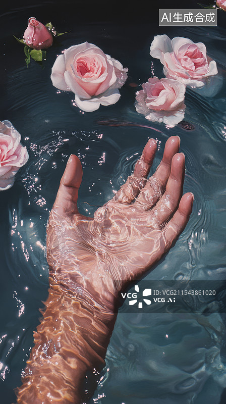 【AI数字艺术】手在水中，粉色玫瑰漂浮在水面上图片素材