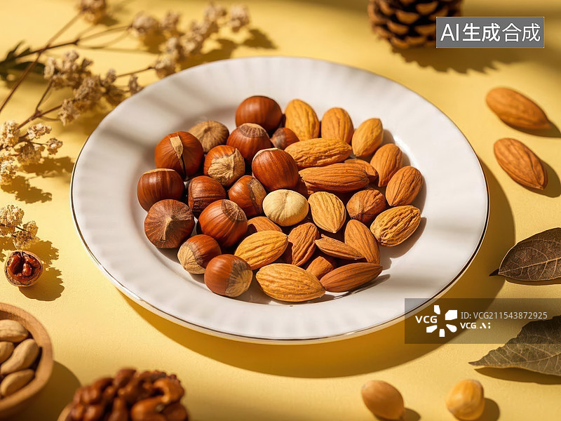 【AI数字艺术】一小盘多样坚果核桃榛子开心果等图片素材