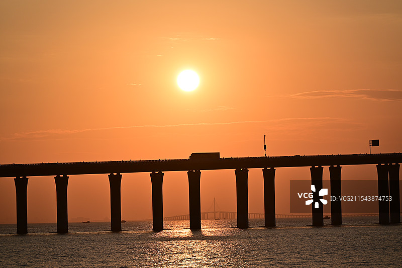 胶州湾跨海大桥的夕阳图片素材