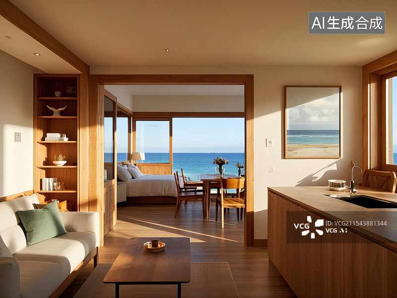 【AI数字艺术】海景公寓客厅全景与海天一色图片素材