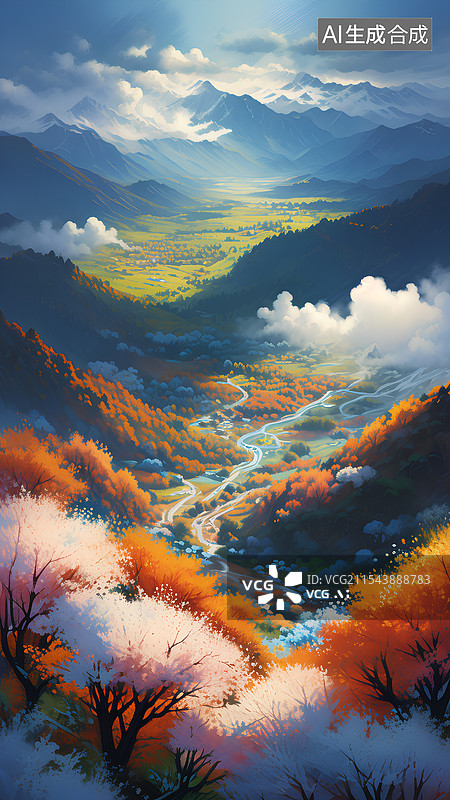 【AI数字艺术】风景主题插画 航拍视角 山野风景图片素材