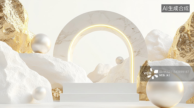 【AI数字艺术】3D金属拱门产品展台雕刻山峰浮空球体发光高级感海报商务科技时尚复古白金色人造空间未来感大气背景图片素材
