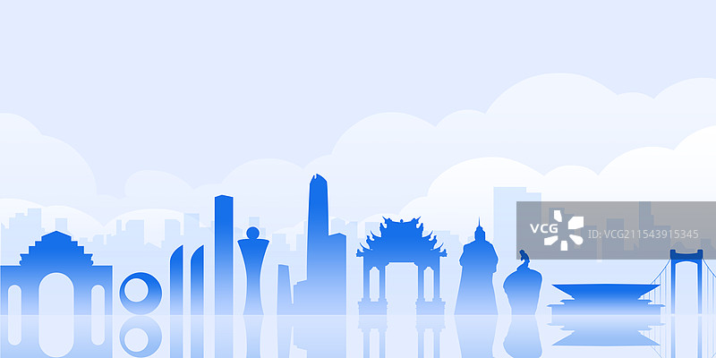 厦门蓝色城市地标建筑剪影插画图片素材