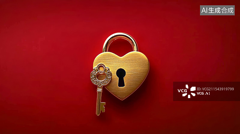 【AI数字艺术】红色背景，一把心形金锁和金钥匙图片素材