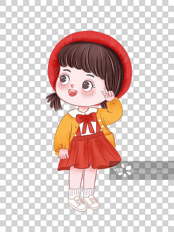 Q版卡通可爱人物女孩红色连衣裙动态插画图片素材
