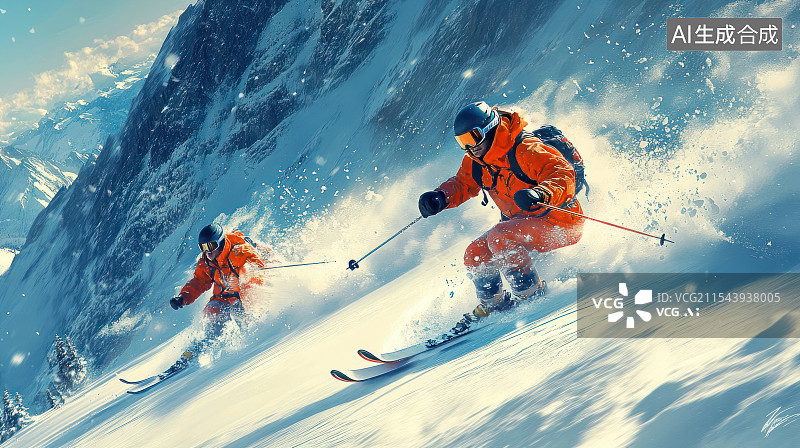 【AI数字艺术】冬季雪山极限滑雪图片素材