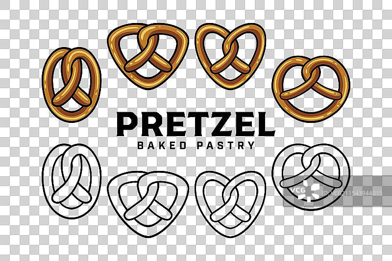 椒盐卷饼烘焙糕点与各种形状的徽章标志组合图片素材